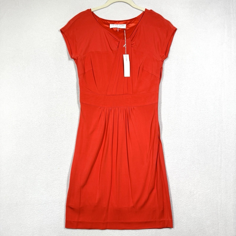 Trina Turk Dress Womens 4 Orange Red Gathered Lined Cap Sleeve Resort NWT $250